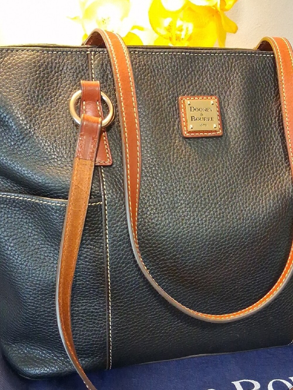Dooney & Bourke Black Pebble Leather Tote with Brown Trim and Straps - Picture 4 of 16